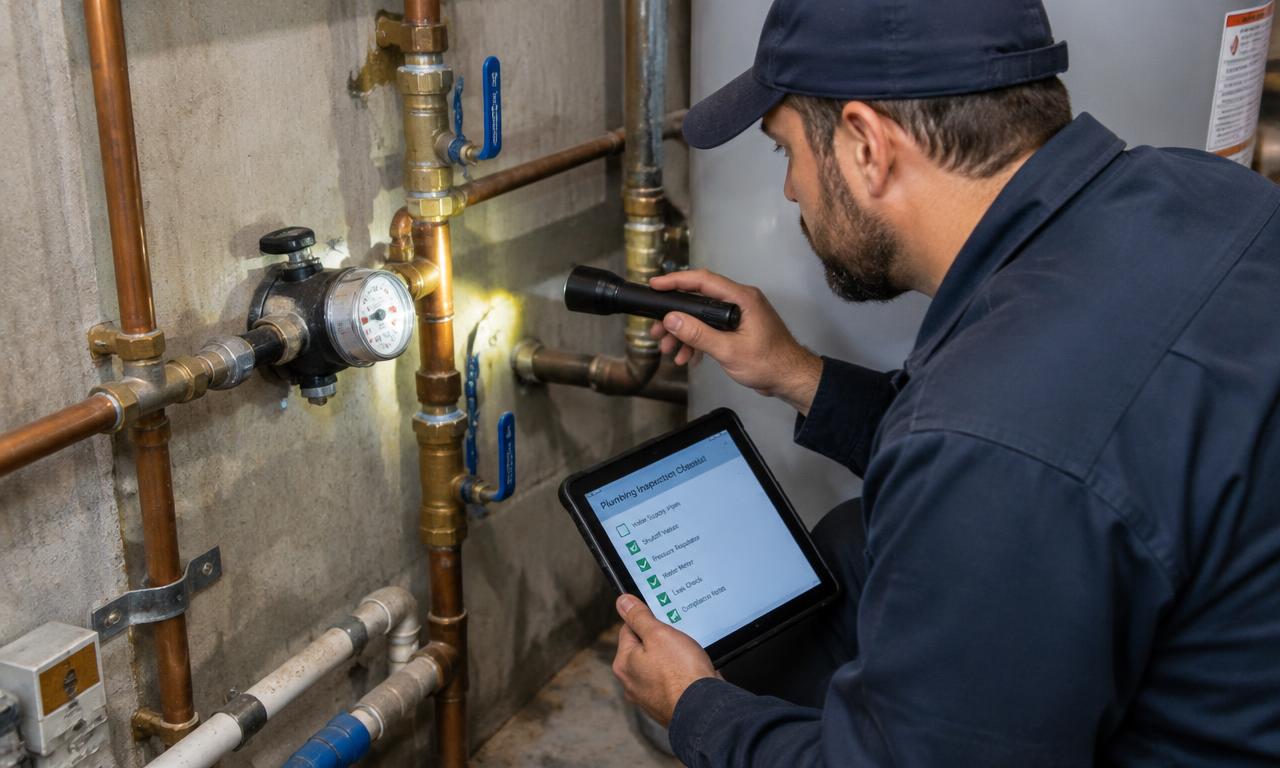 Plombier inspectant les canalisations et vannes d'une installation