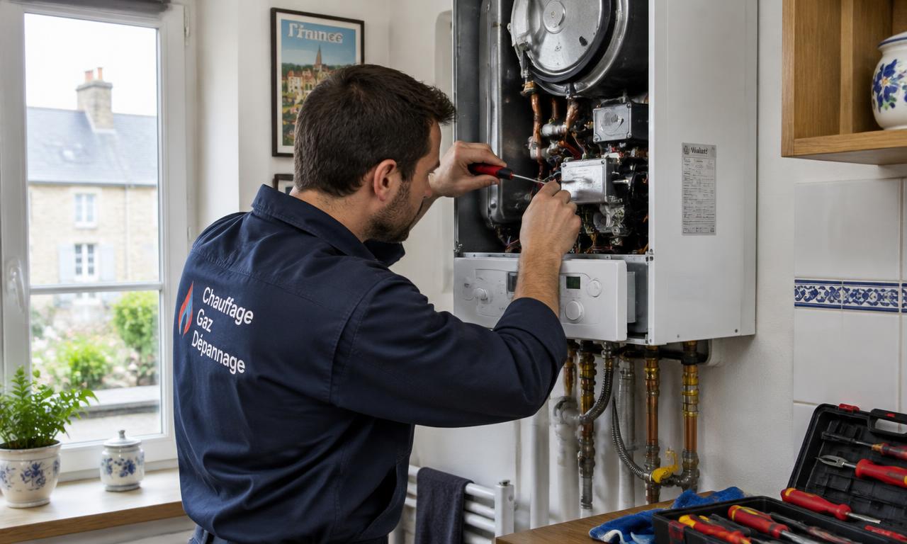 Technicien réparant une chaudière murale à gaz