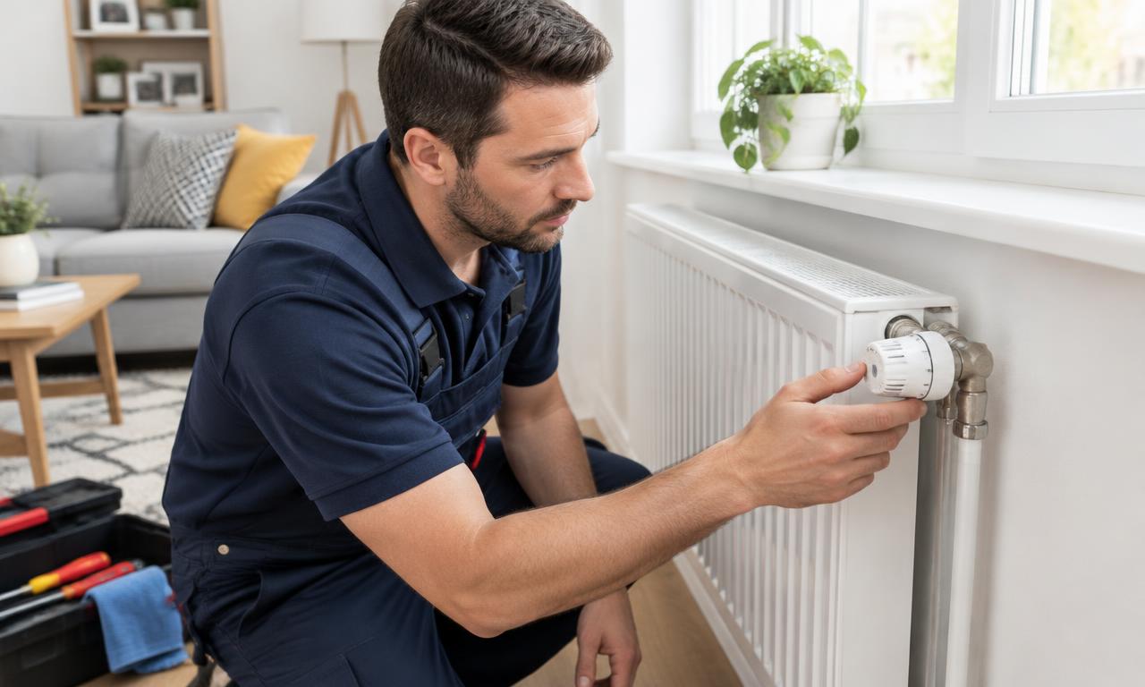 Plombier réglant le robinet thermostatique d'un radiateur