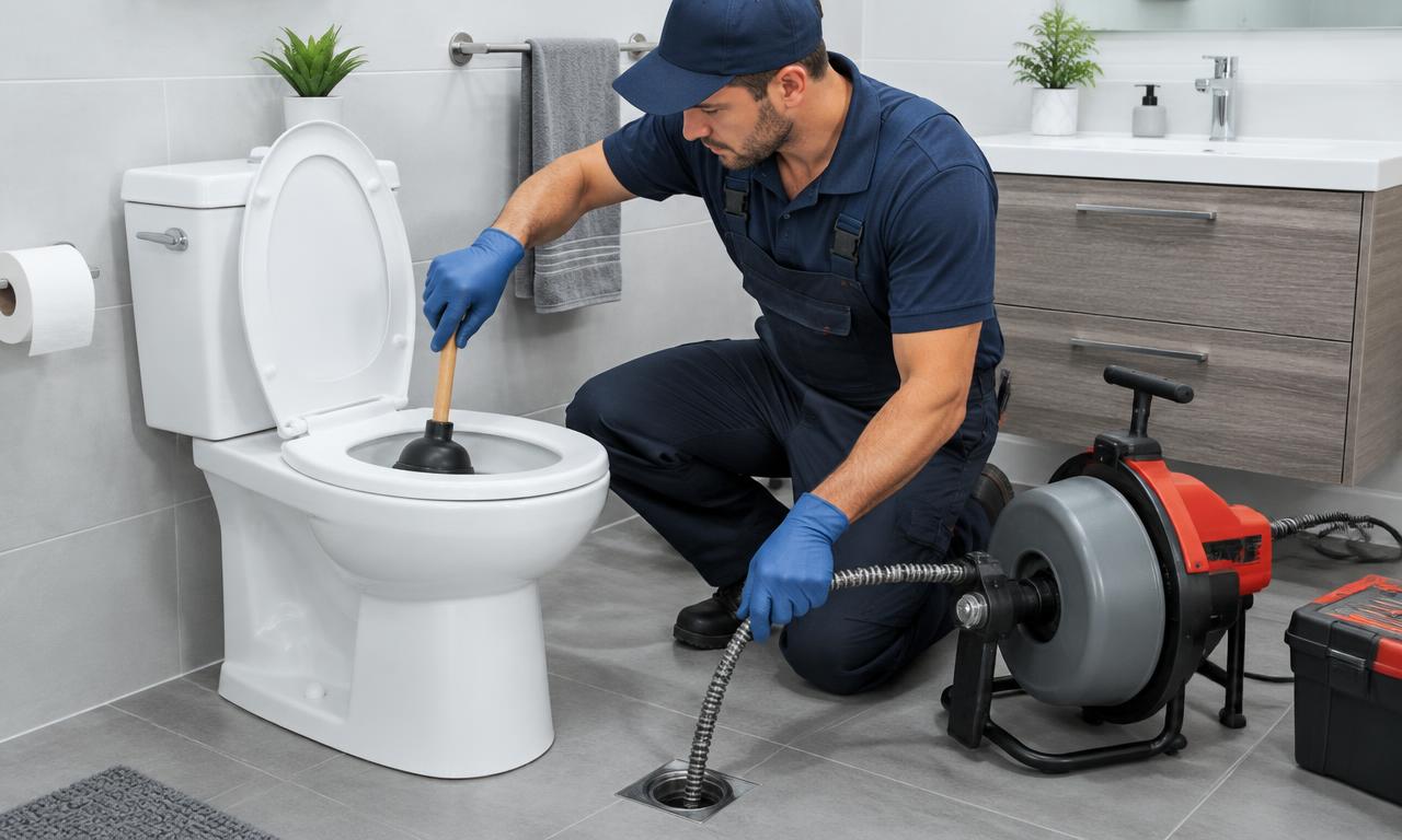 Plombier débouchant des WC avec un furet professionnel